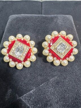 NOS: Vtg Oversized Faux Pearl, Rhinestone & Red Enamel Clip On Earrings